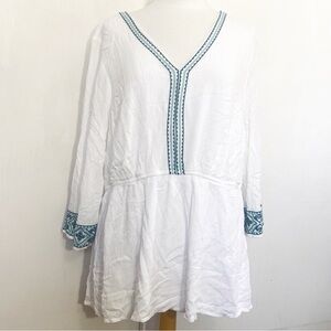 Lane Bryant White Gauzy V-Neck Tunic with Blue Accent Trim Sheer Lined Blouse 22